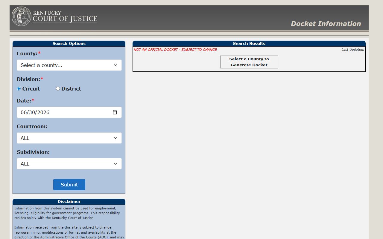 Clinton County court dockets Kentucky docket search form