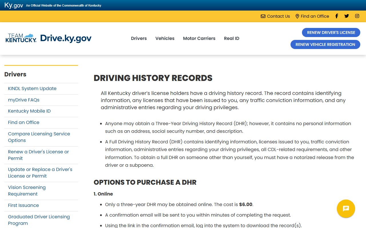 Clinton County traffic court records and Kentucky Driver History Record page